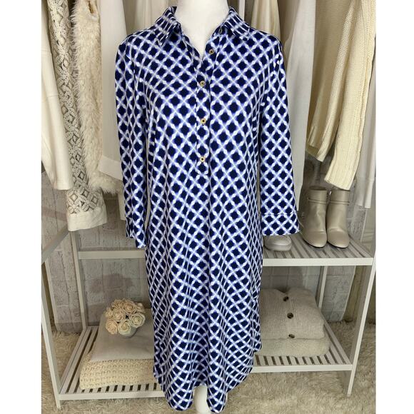 Talbots Women’s Sz Medium Petite Blue Graphic Print 3/4 Sleeve Shirt Dress #0490 - Picture 1 of 10